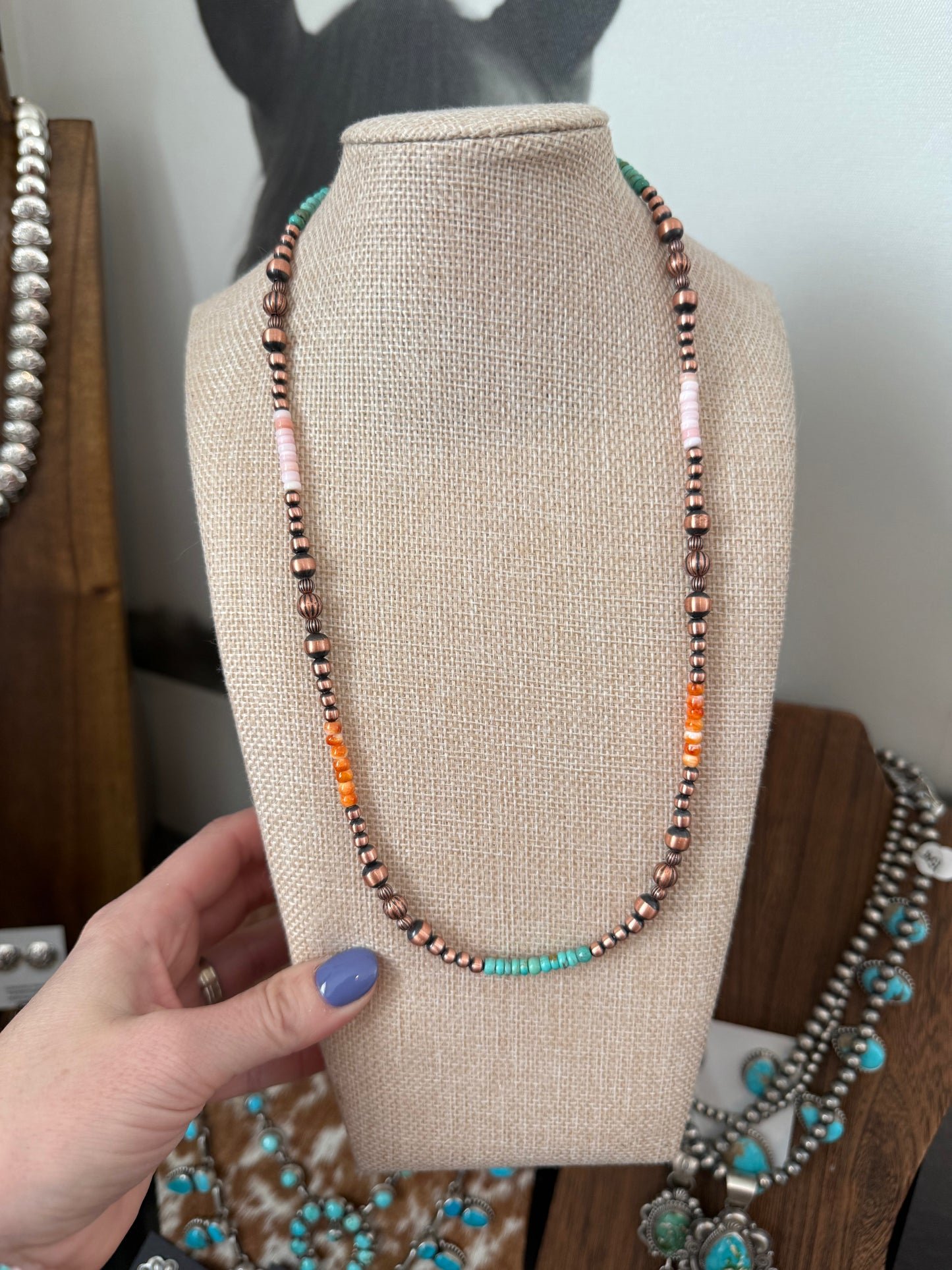 Copper/orange spiny/pink conch/kingman 20” Navajo strung pearls