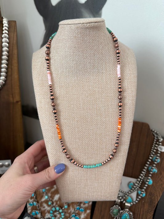 Copper/orange spiny/pink conch/kingman 20” Navajo strung pearls