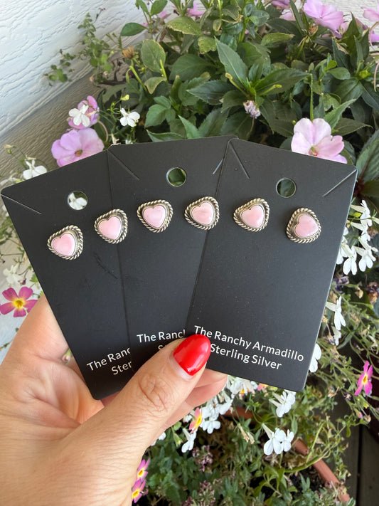 Native made pink conch heart studs